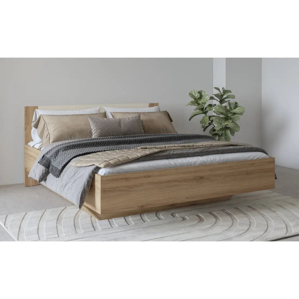 Letto contenitore VERTIGO – 160x200 cm – Rovere selvaggio e beige sabbia – Con piede design e rete inclusa