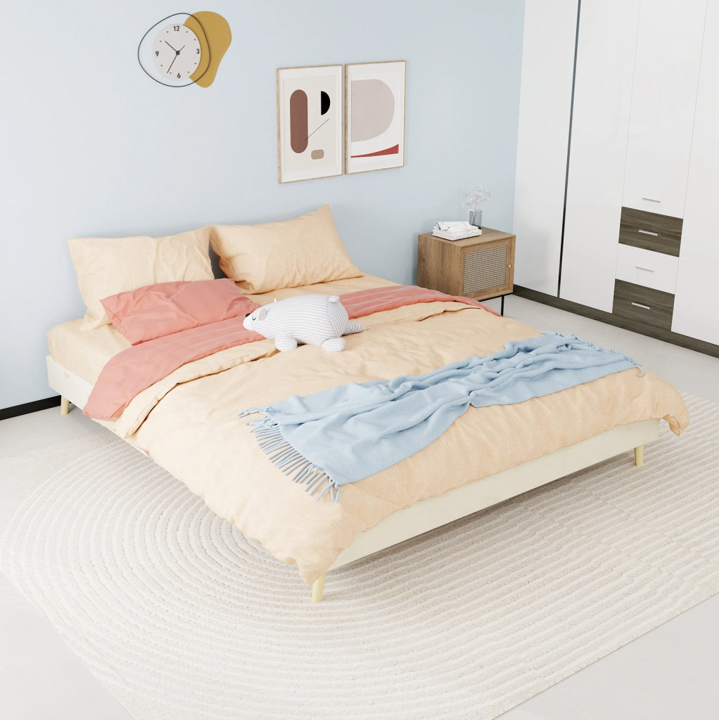 Struttura letto 160x200 cm beige in tessuto e metallo con testiera geometrica