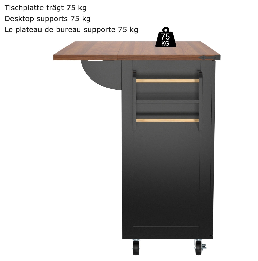 Isola da cucina in MDF con piano pieghevole; 3 cassetti; anta e 5 ruote; nera