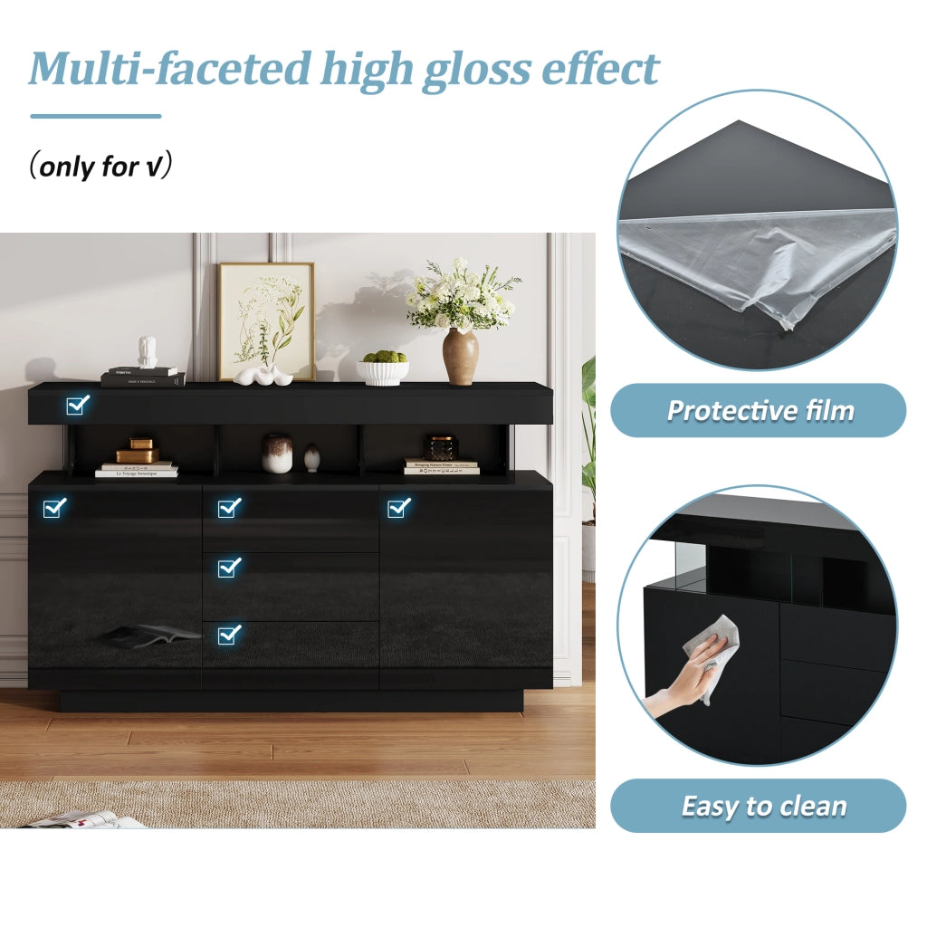 Credenza con LED e 3 cassetti ante scorrevoli in truciolare e acrilico nero 140 × 35 × 80 cm