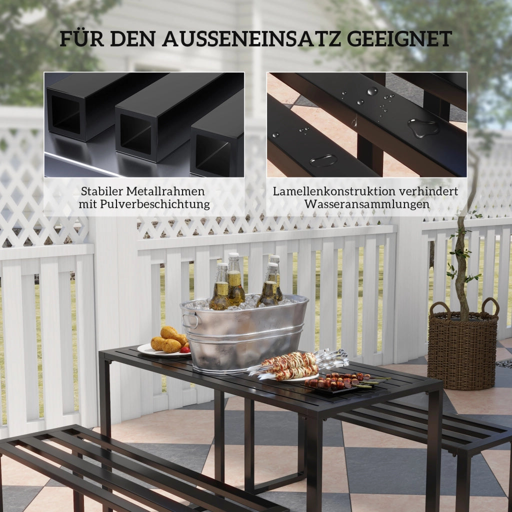 Set da giardino 3 pezzi con tavolo e due panche in metallo nero per 4 persone 110 × 55 × 70 cm