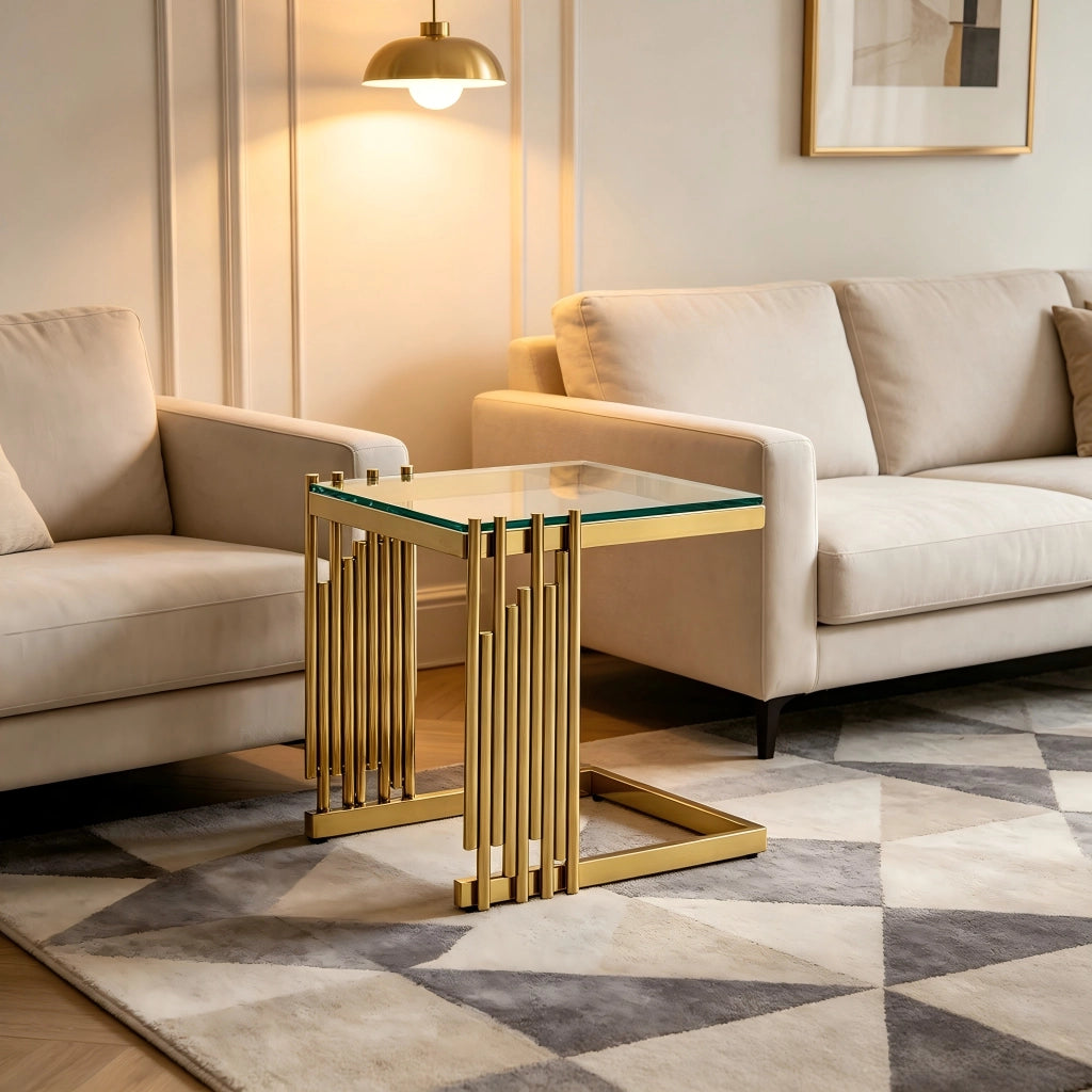 Tavolini da divano quadrati set di 2 con piano in vetro temperato trasparente e struttura in acciaio inox dorato