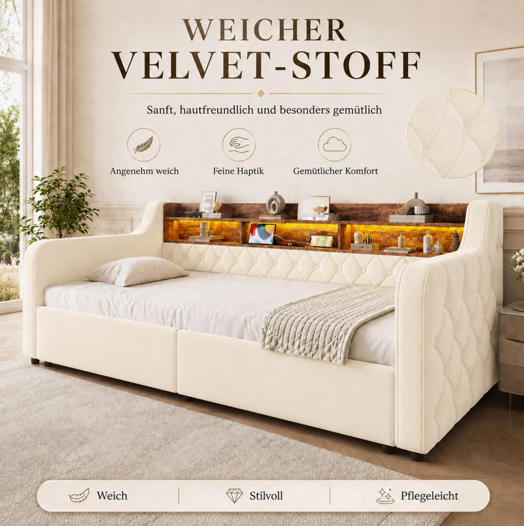 Letto imbottito beige 90 x 190 cm con LED, ripiani e 2 cassetti