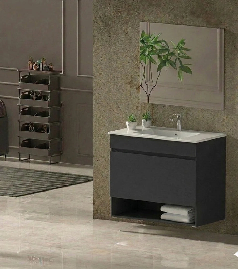 Mobile Bagno NEBARI Già Montato 1 cassetto, lavabo e specchio Grafite 80x45 cm
