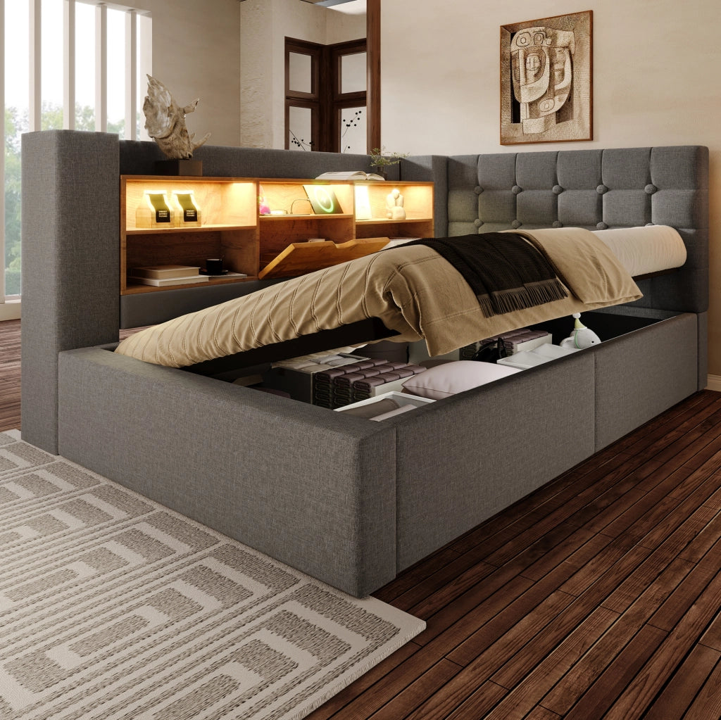 Letto singolo contenitore 90x200 cm con LED e prese USB in lino grigio HOMVRA