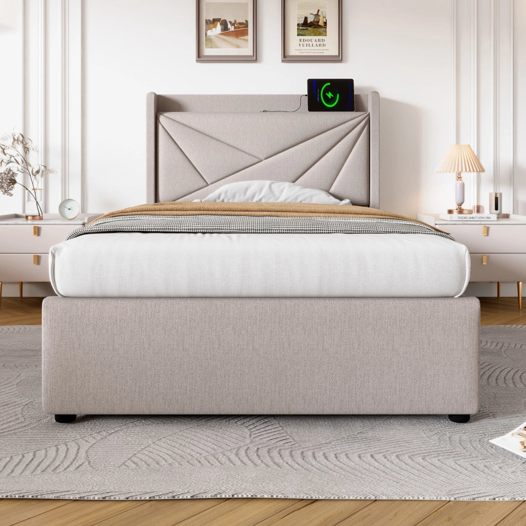 Letto singolo 90x200 con contenitore, testiera con USB e USB-C