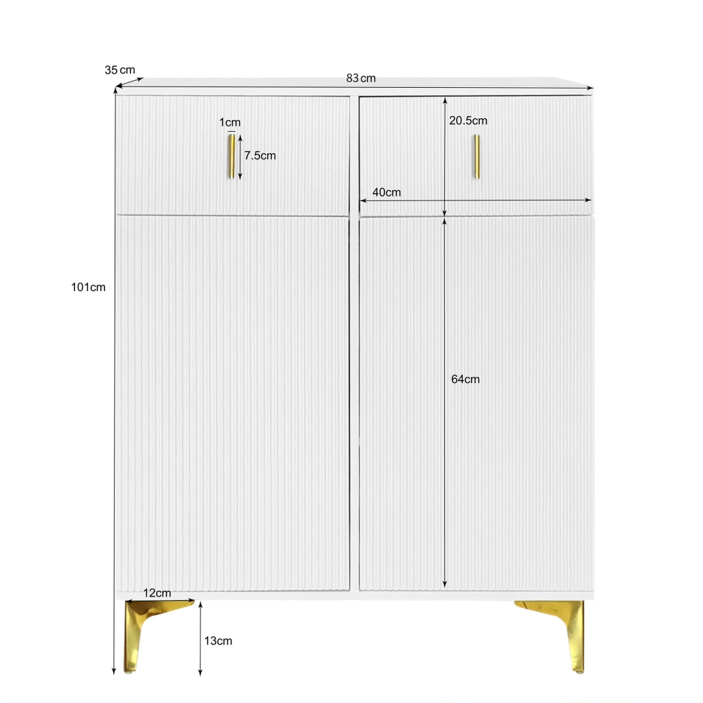 Credenza e madia con 2 ante a pressione, 2 cassetti e ripiani regolabili per soggiorno, bianco, 83 × 35 × 101 cm