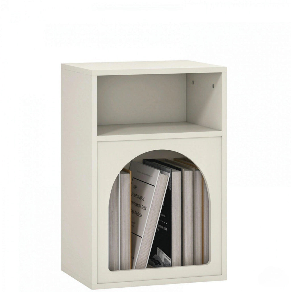 Comodino ULEVR 40x30x60 cm con 2 vani aperti, in MDF color crema, design ad arco