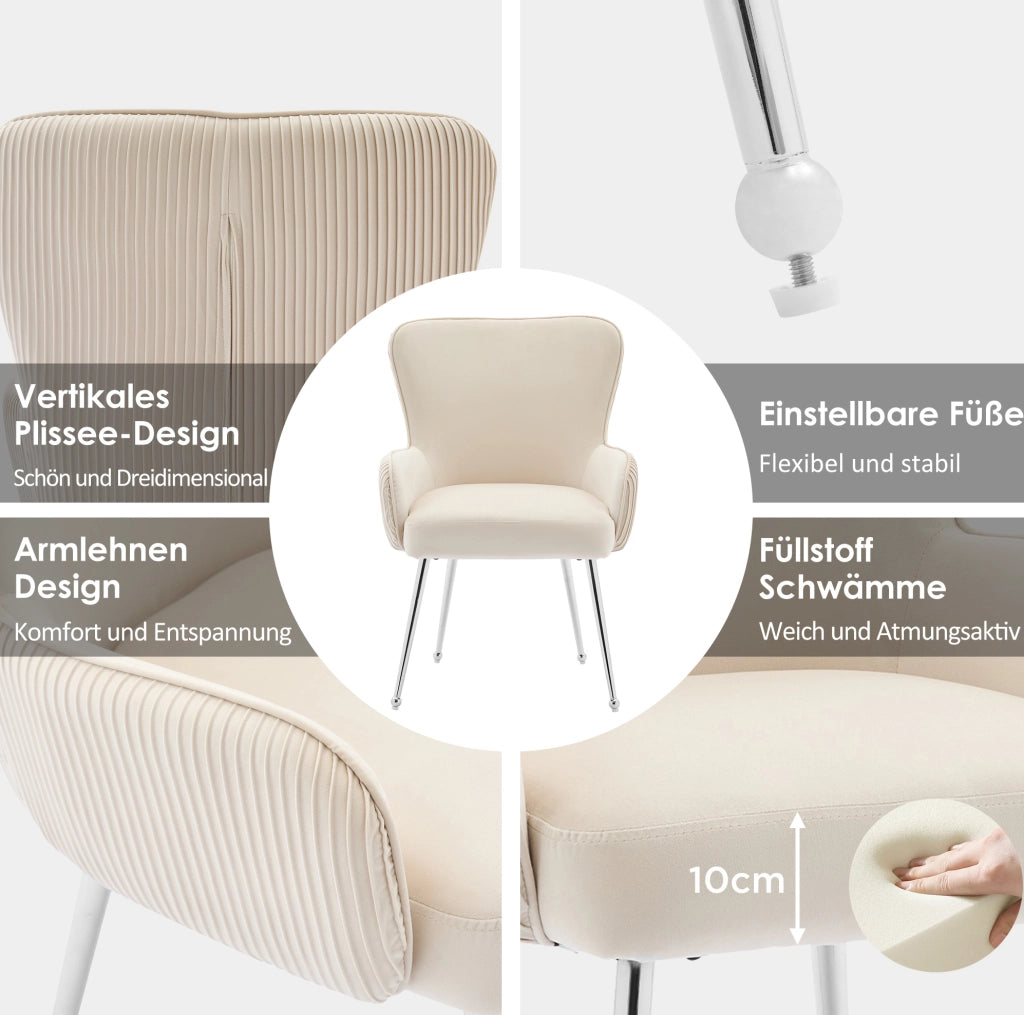 Sedia in velluto; set da 2; con braccioli e gambe in metallo; beige