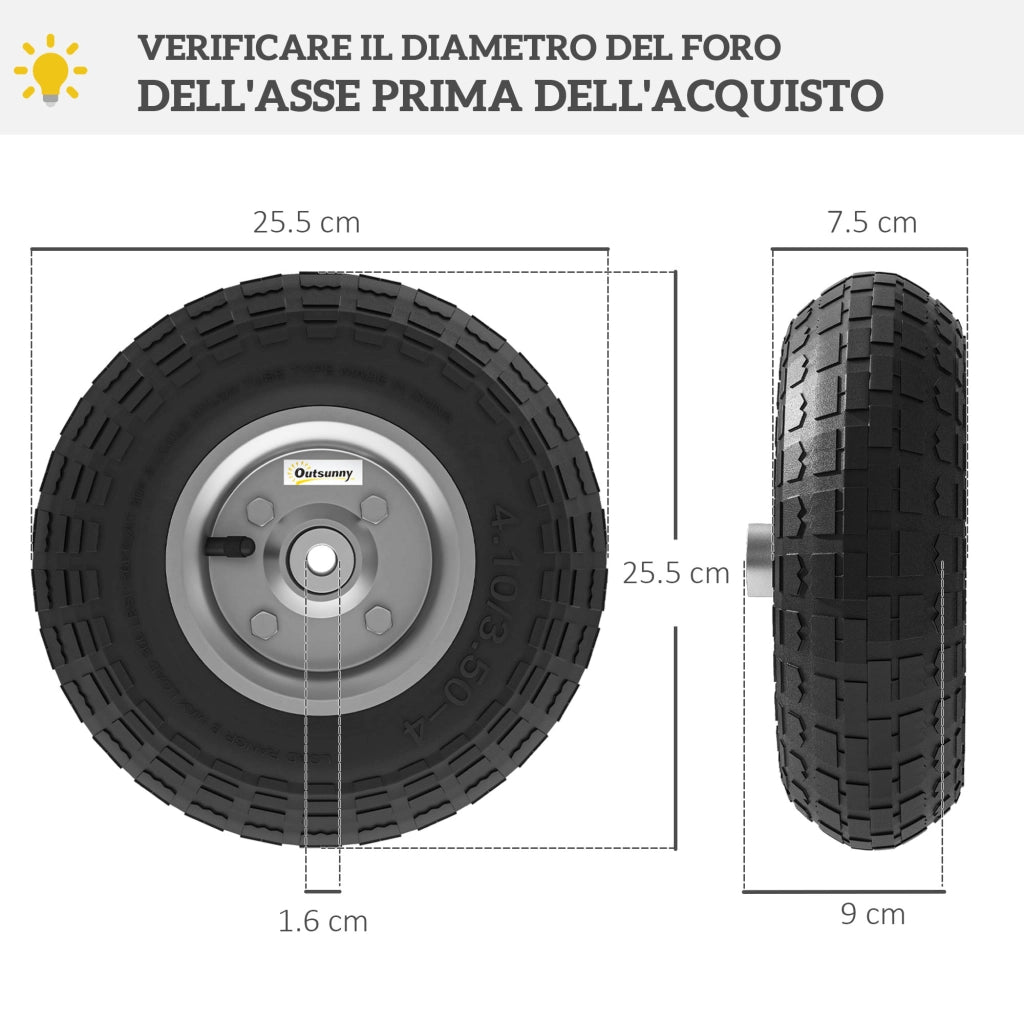 Set 2 Ruote di Ricambio per Carrello e Carriola in Gomma e Acciaio Ø25.5x7.5 cm Foro 16 mm Portata 80 kg Nero per Giardino e Bricolage