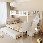 Letto a castello in legno massello di pino bianco per bambini, piani 90×200 e 140×200 cm, con scala di sicurezza e letto estraibile