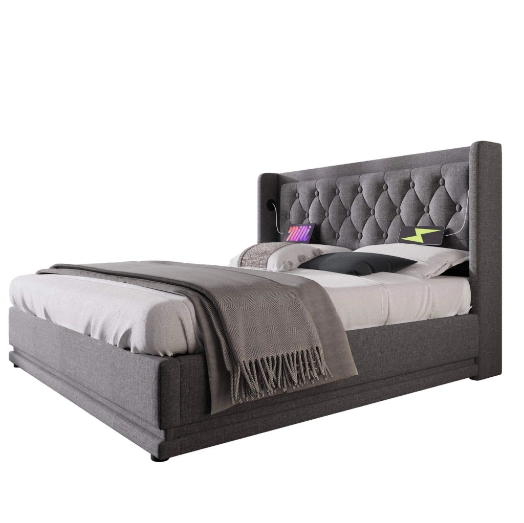 Letto matrimoniale imbottito 160x200 cm con contenitore, LED e ricarica USB-C