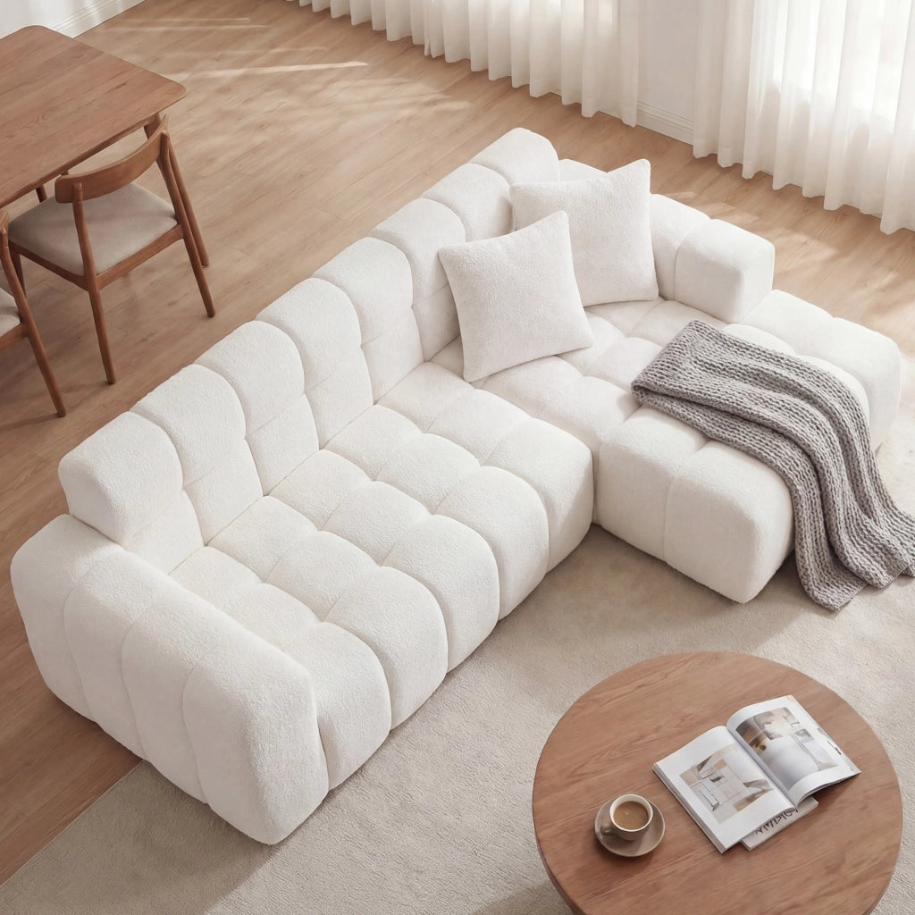 Divano angolare modulare a L; chaise longue; seduta confortevole; ciniglia bianca testurizzata; per soggiorno o studio; 249;94x99;06x59;94 cm
