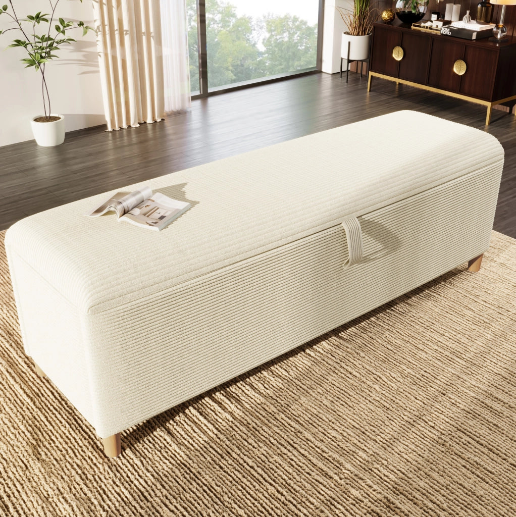 Panca contenitore 145x38 cm beige in tessuto a coste con apertura idraulica
