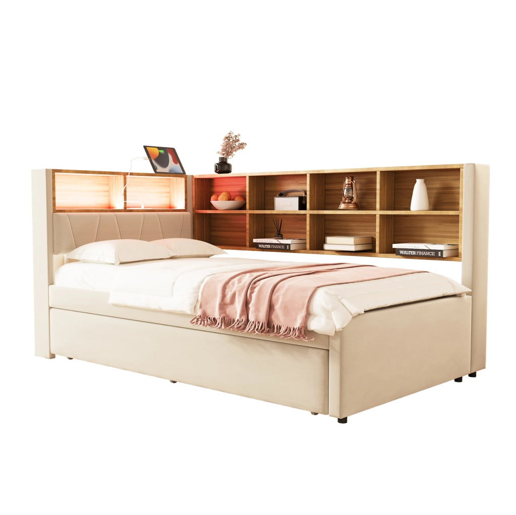 Letto estraibile multifunzionale 90 x 200 cm beige con LED