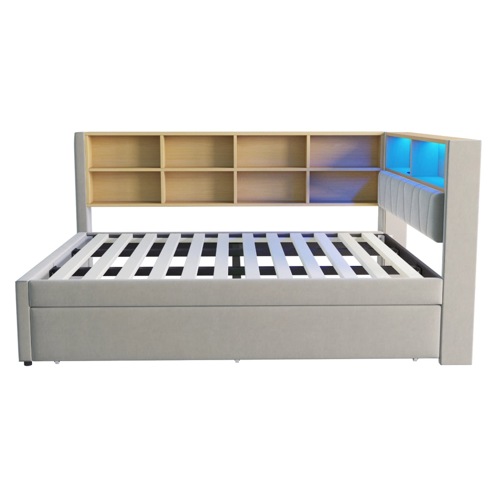 Letto con letto estraibile 140 × 200 cm con letto aggiuntivo 90 × 190 cm LED porte USB e vani grigio chiaro