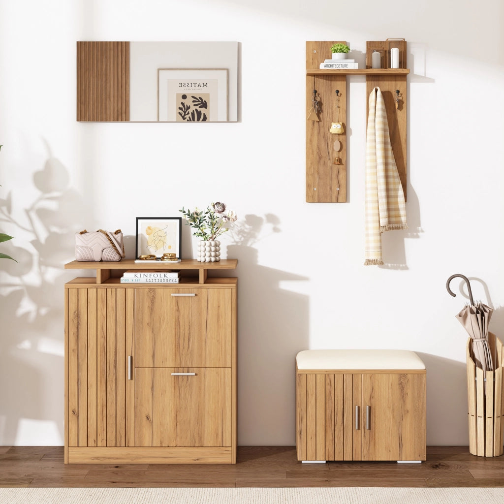 Set guardaroba per ingresso con panca porta scarpe, specchio, 5 ante, 4 ganci, finitura naturale, 140x35x133 cm