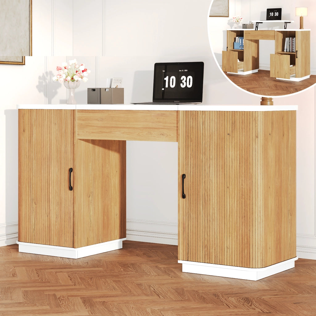 Scrivania regolabile in altezza 140 x 50 cm con 2 cassetti e vani aperti; bianco e rovere