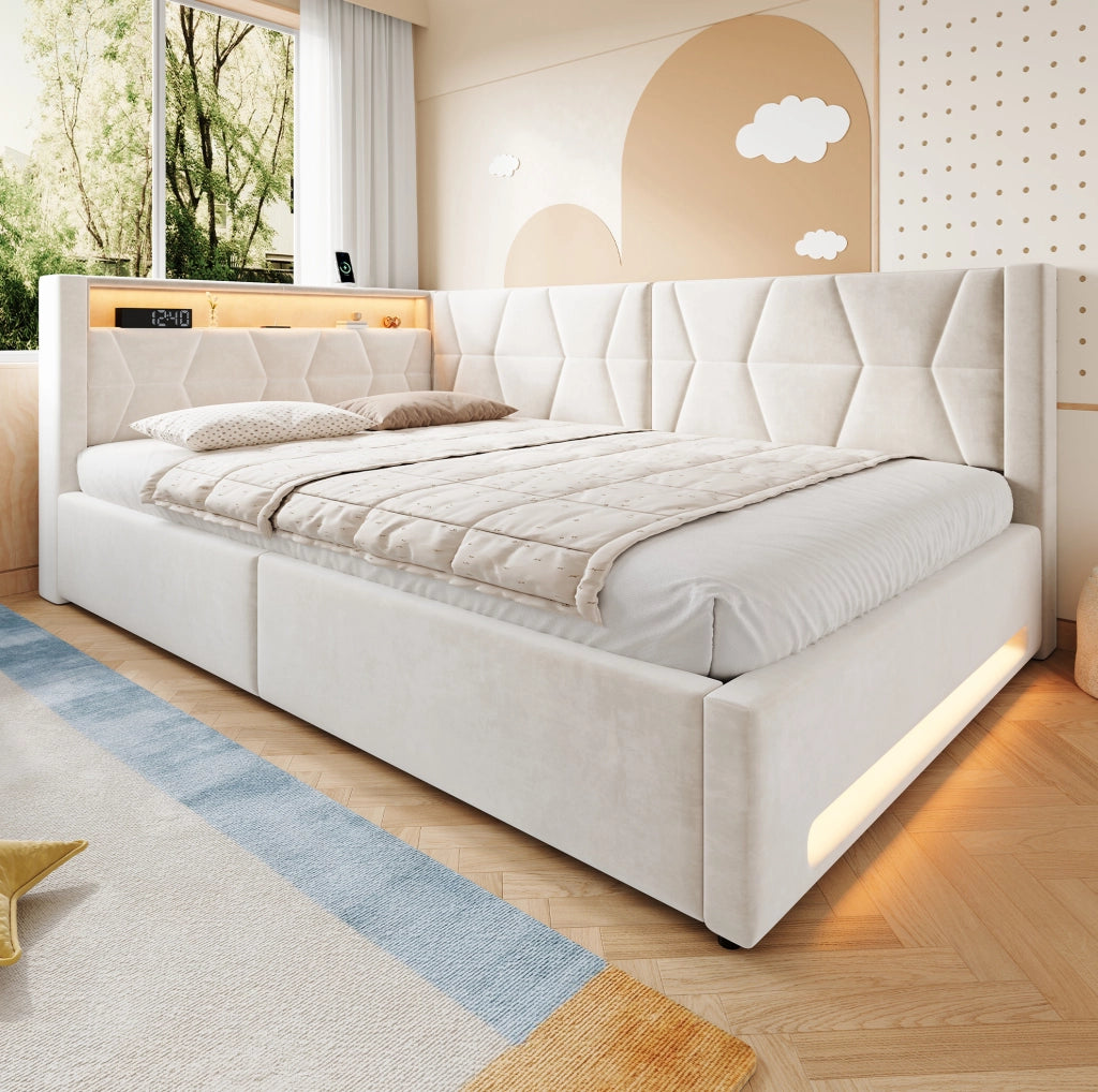 Letto imbottito beige 140 x 200 cm con vano contenitore, LED, USB e Type-C