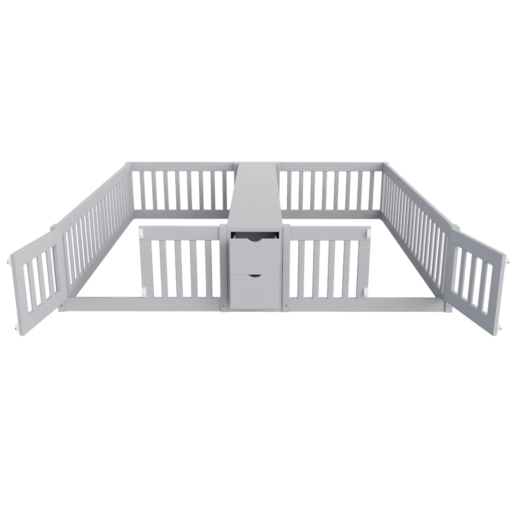 Letto doppio per bambini 90x200 cm con cassetti e ripiani in pino, compensato e MDF grigio