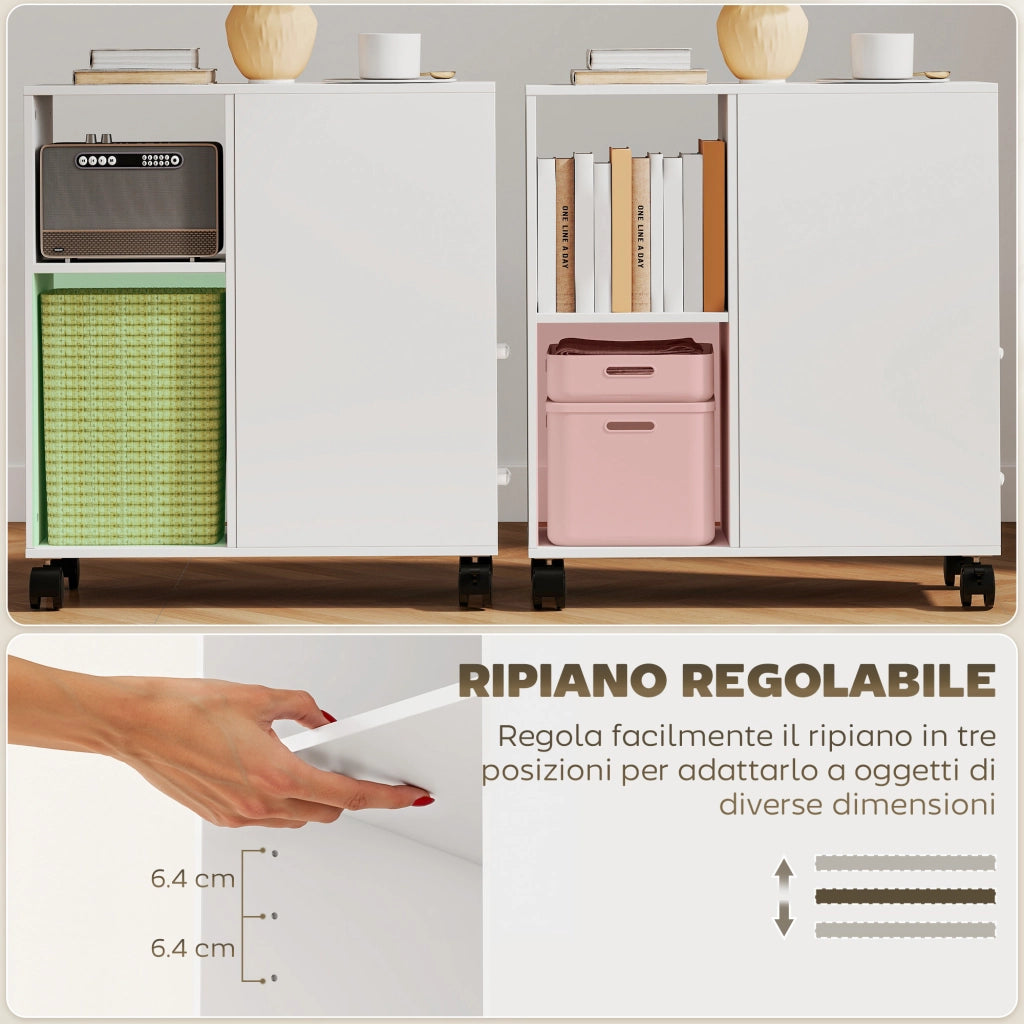 Mobile per Stampante in Legno Bianco 60x30x65 cm, Carrello con 2 Cassetti, Ripiano Regolabile e Ruote, Pratico e Salvaspazio per Casa e Ufficio