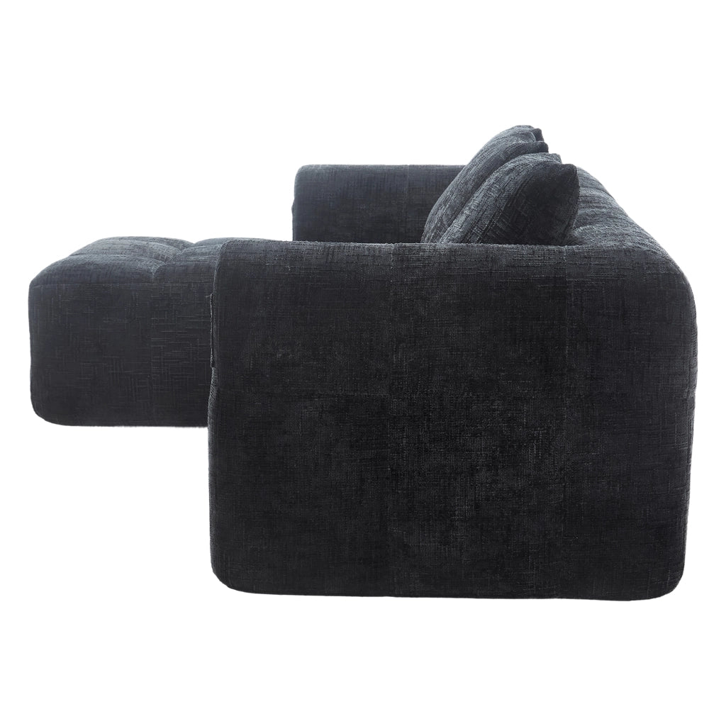 Divano componibile 3 posti con chaise longue e tasche laterali in ciniglia nera, 250x158 cm