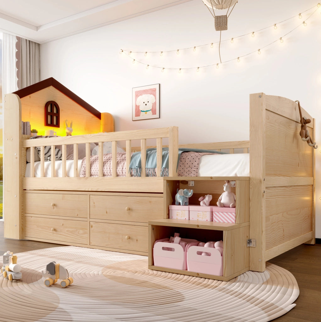 LETTO semi-alto a casetta 90x200 cm con LED, 4 cassetti, naturale
