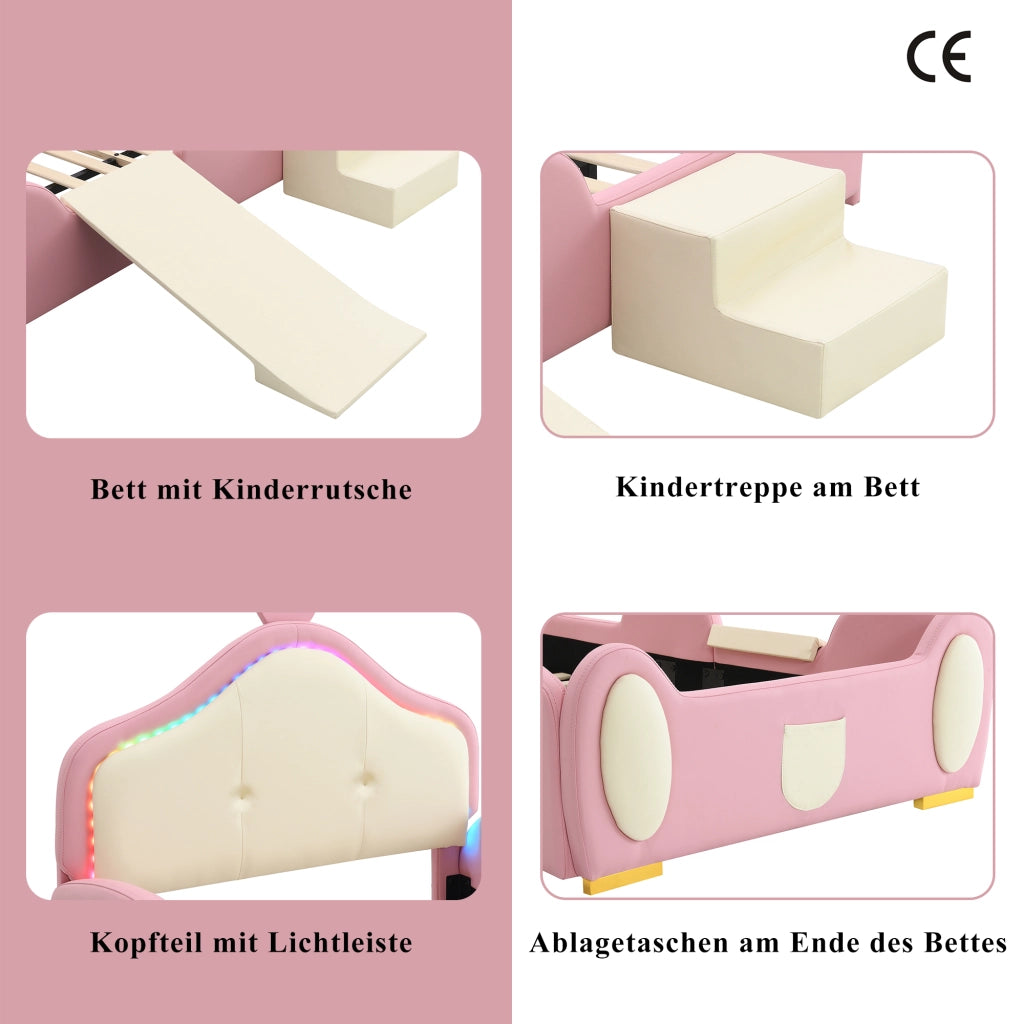 Letto imbottito per bambini 90x200 cm in PU rosa e beige con corona; LED; scivolo e scaletta per cameretta