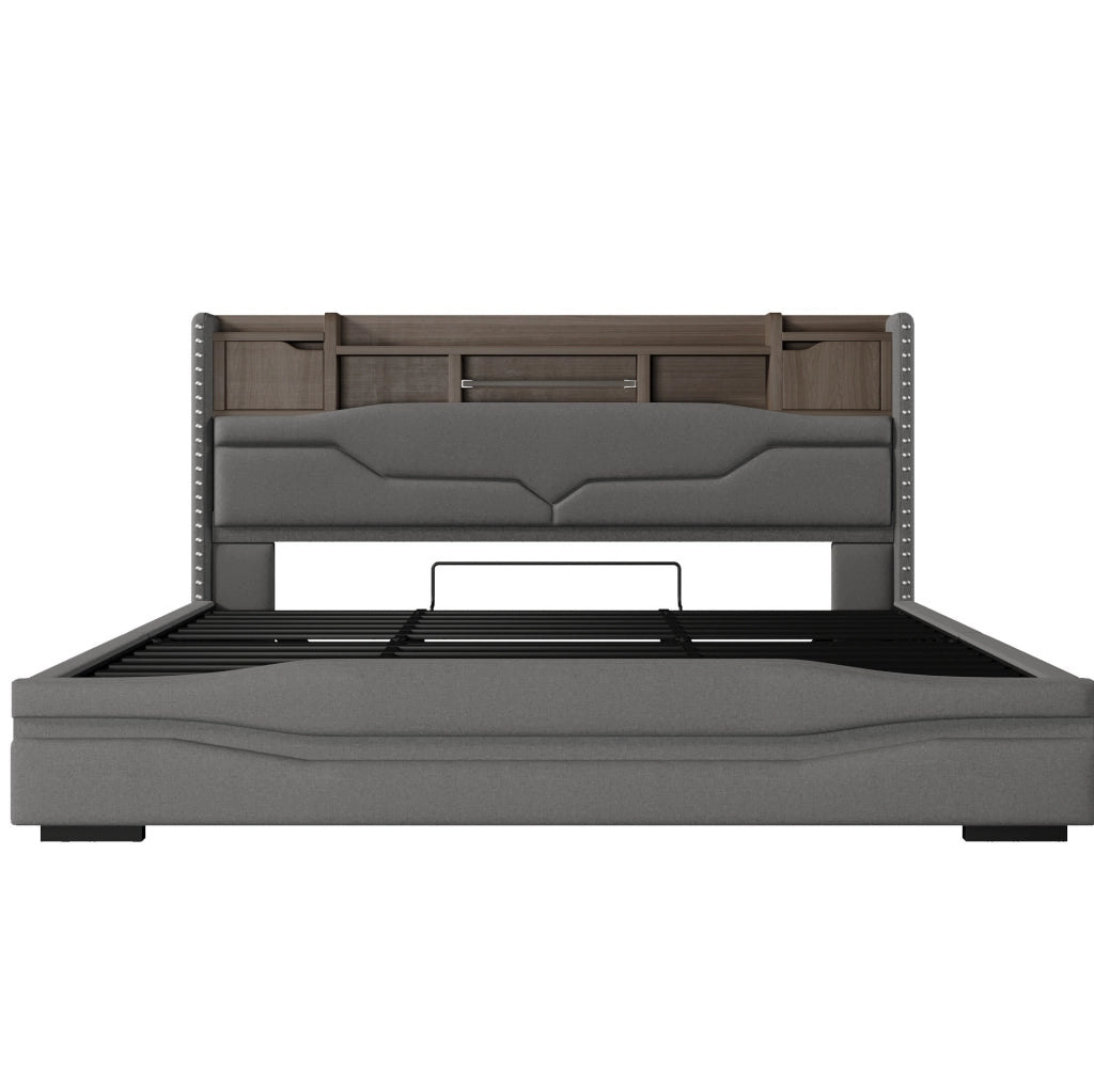 Letto matrimoniale contenitore 180x200 cm in lino grigio con LED e ricarica USB-C HOMVRA