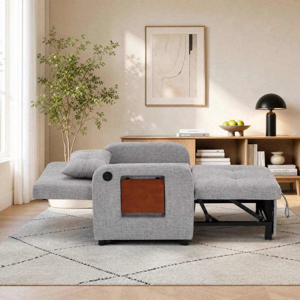 Poltrona letto pieghevole grigio chiaro – Rivestimento in tessuto, funzione seduta e letto, porta USB, tavolino pieghevole, cuscino, schienale regolabile