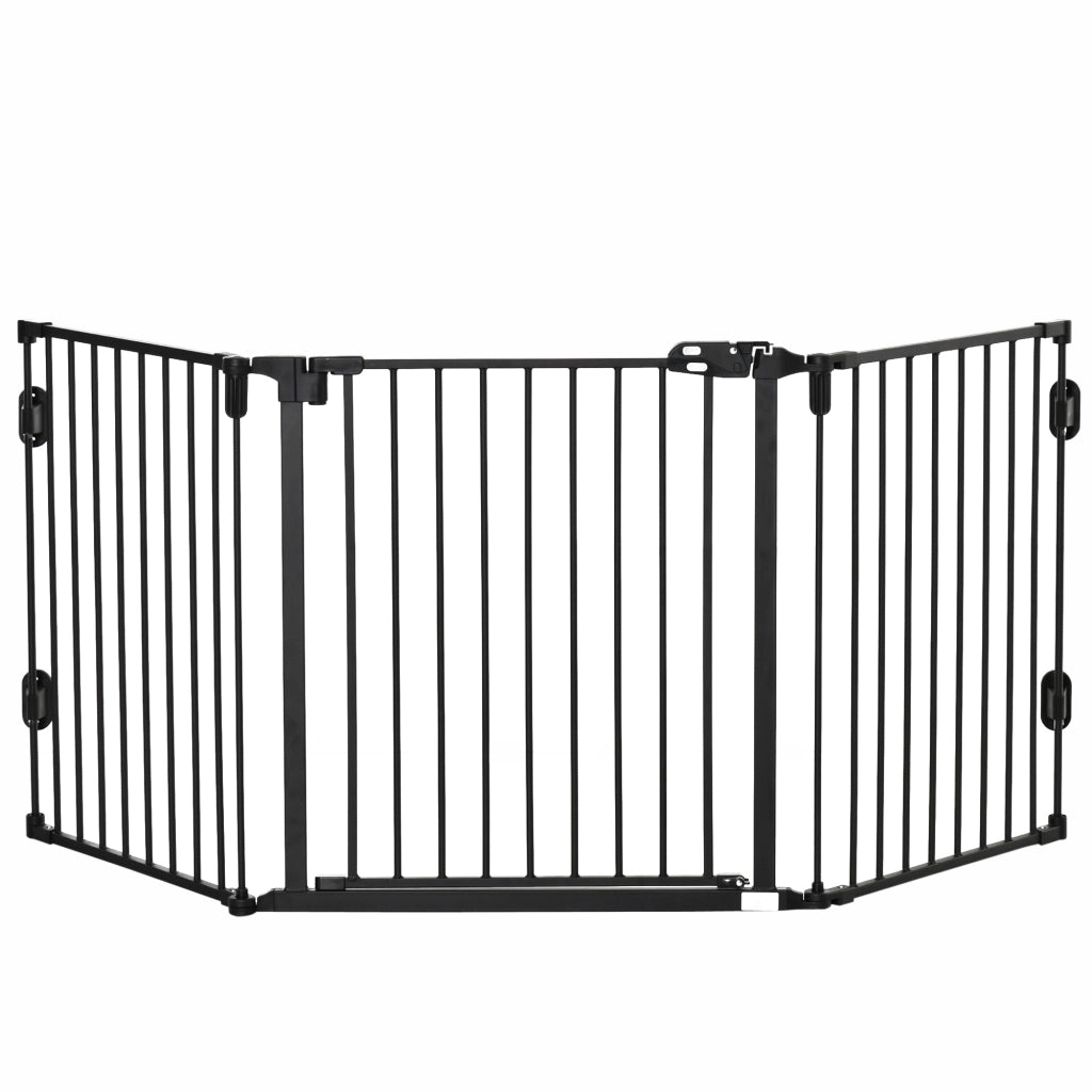 Cancelletto per cani a 3 pannelli con porta a chiusura automatica pieghevole in plastica nero 202.5 × 2 × 76 cm