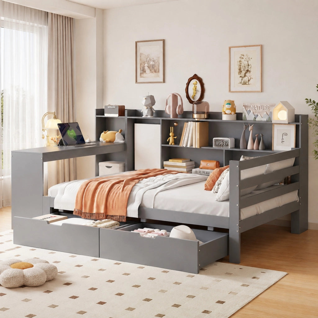 Divano letto 90 × 200 cm con scrivania scaffali cassetti prese USB legno grigio