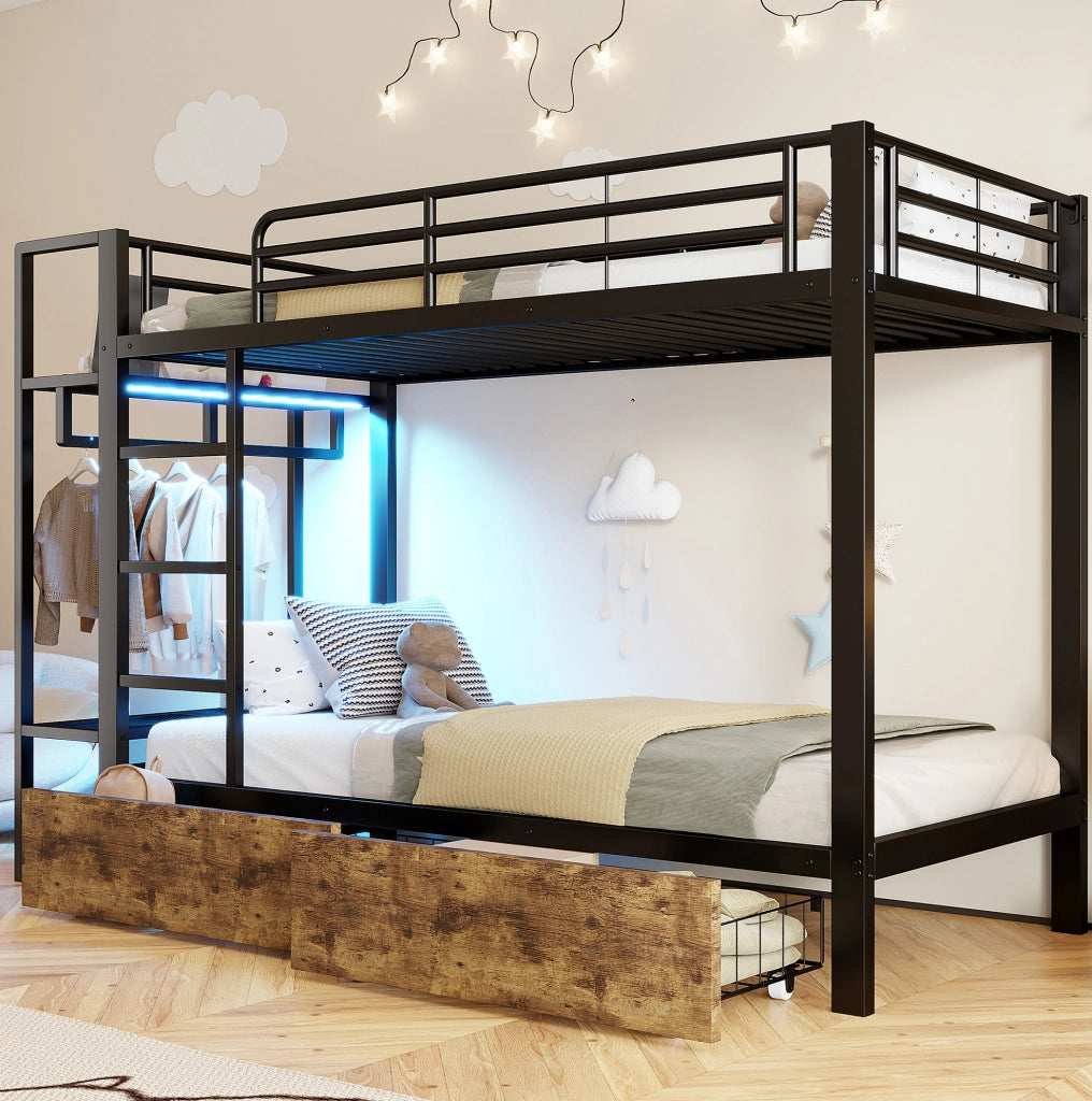 Letto a castello 90x200 cm con LED; 2 cassetti e ripiani in metallo e MDF nero