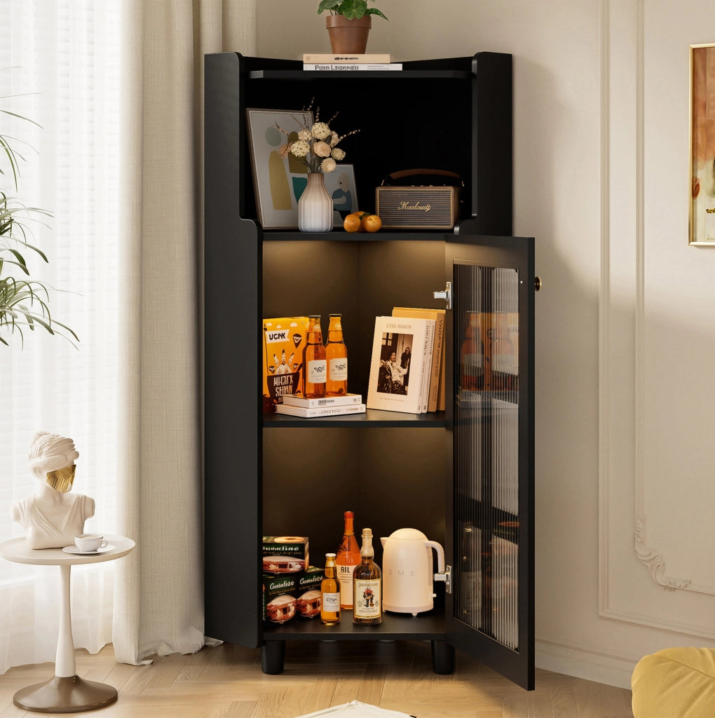 Mobile angolare LED nero in MDF con ante in vetro