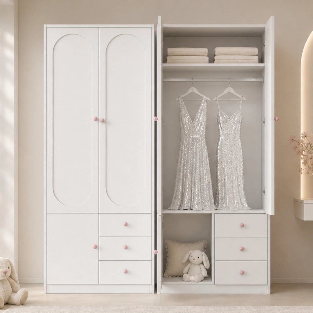 Set di 2 armadi 80 x 50 x 200 cm; 2 ante; vano appendiabiti; per la casa moderna; design moderno; maniglie in ceramica rosa; laccato bianco
