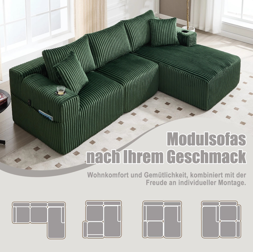 Divano modulare smeraldo con chaise longue, portabevande e 5 cuscini