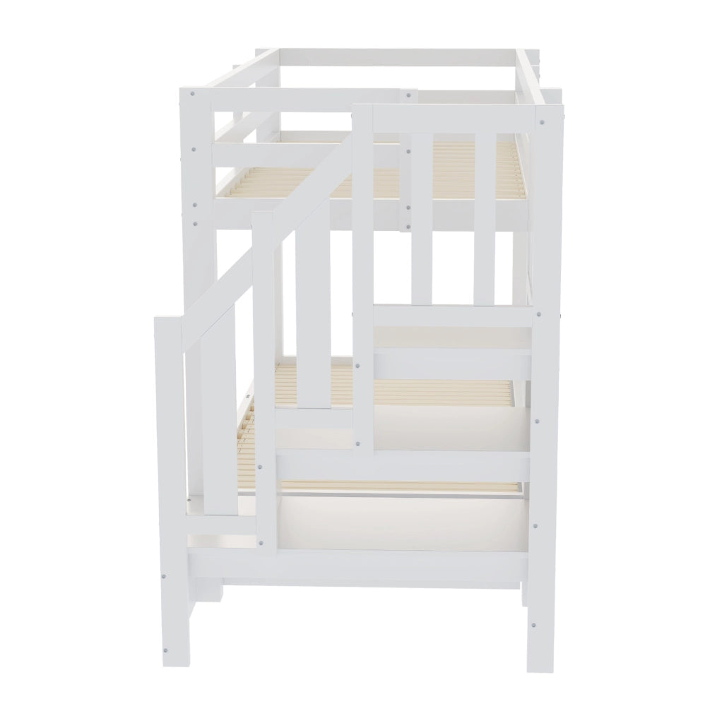 Letto a castello in legno massiccio 90x200 cm con letto estraibile 90/180x190 cm, scala con cassetti, bianco