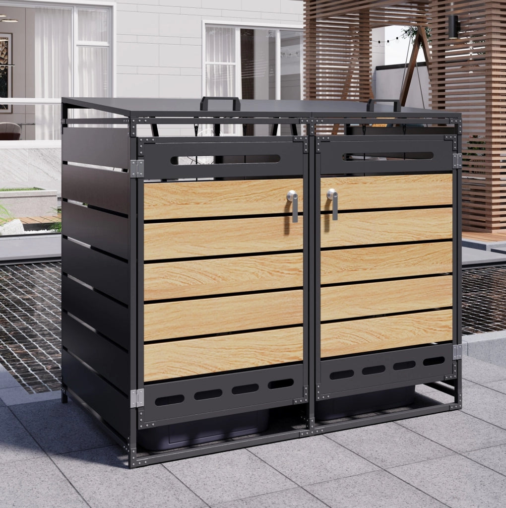 Cassa per bidoni rifiuti da giardino in ferro con rivestimento effetto legno orizzontale, coperchio idraulico e serrature, colore nero