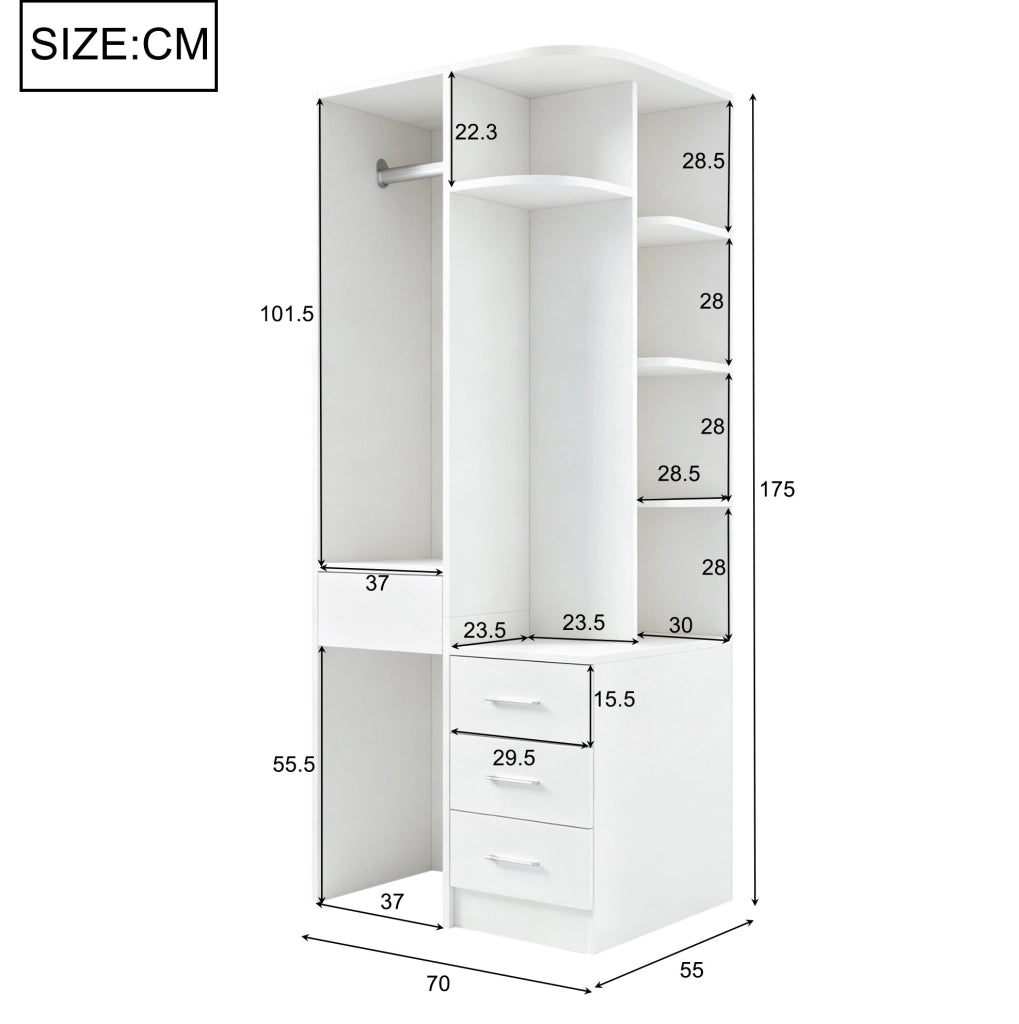 Armadio bianco 70x55x175 cm con ripiani multipiano e appendiabiti ampio