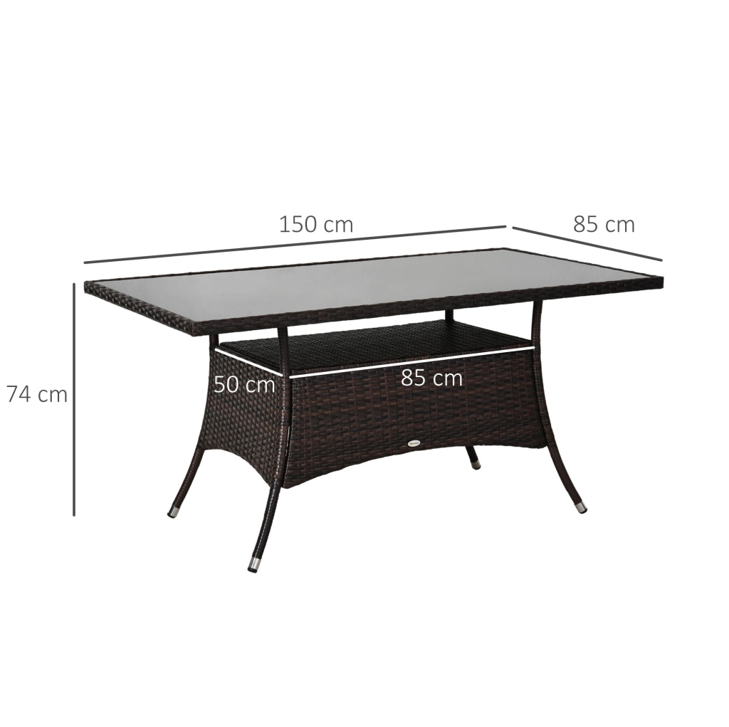Tavolo da giardino 150x85x74 cm in polyrattan marrone con piano in vetro di sicurezza