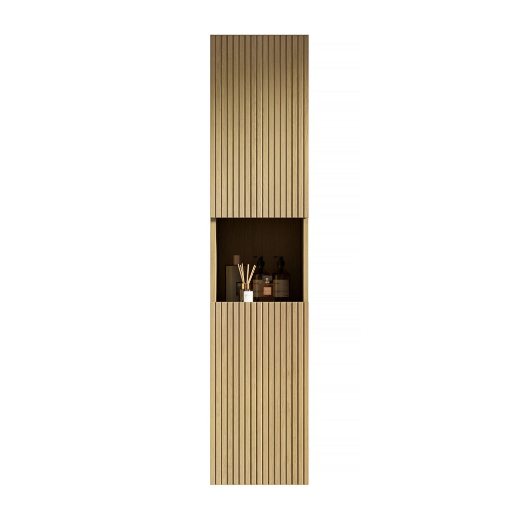 Armadio da bagno a muro alto 160 cm con 2 porte e vano aperto, finitura effetto legno Corolla, ideale per spazi piccoli