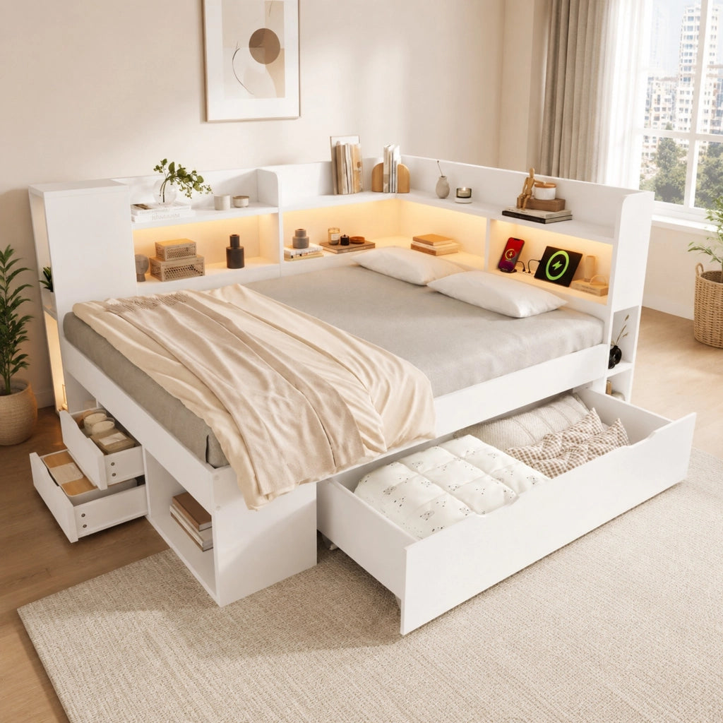 Letto da giorno 140 × 200 cm con LED USB e Type-C cassetti ripiani in legno bianco con rete a doghe