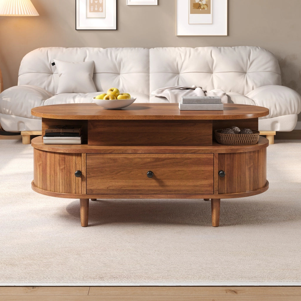 Tavolino da caffè ovale 105x50x60.5 cm con piano sollevabile idraulico in MDF noce