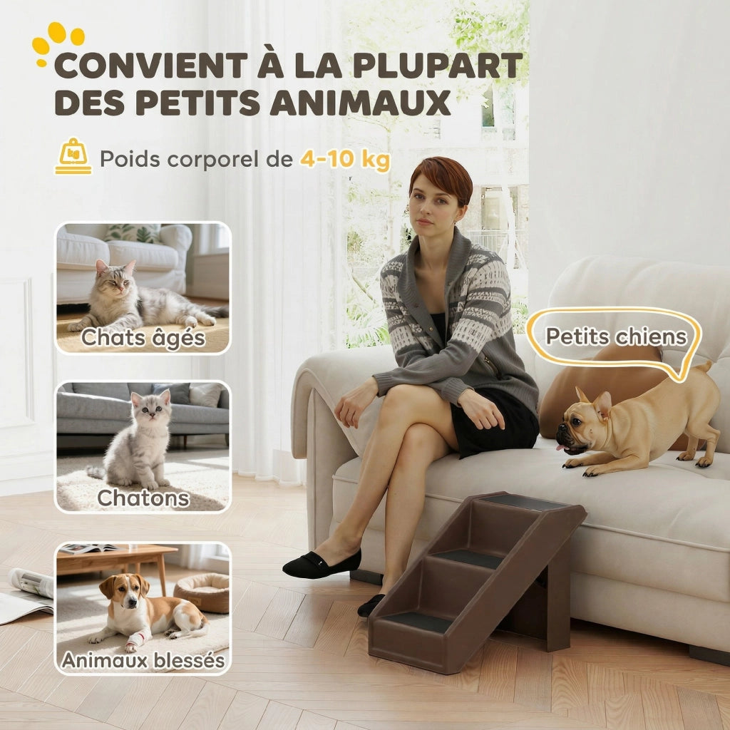 Scaletta per Cani e Animali Pieghevole a 3 Gradini Antiscivolo in Plastica Marrone per Casa e Divano 53 x 30,5 x 36,5 cm