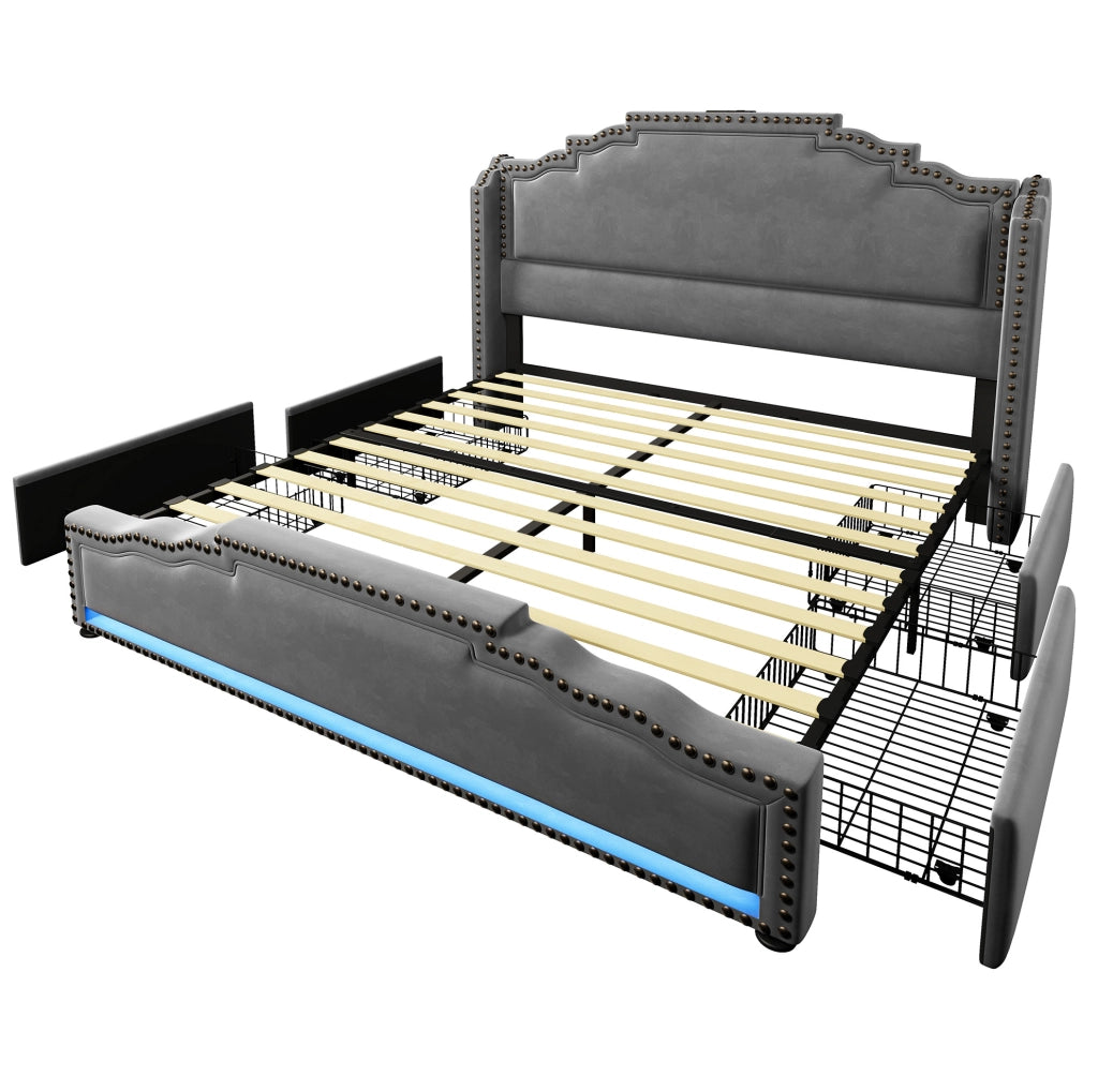Letto 160x200 cm con 4 cassetti; LED e USB Type-C in velluto grigio