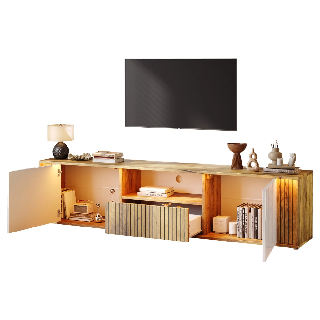 Mobile Porta TV 180 cm per 75 Pollici con Luci LED; Bianco e Legno; 1 Cassetto e 2 Ante