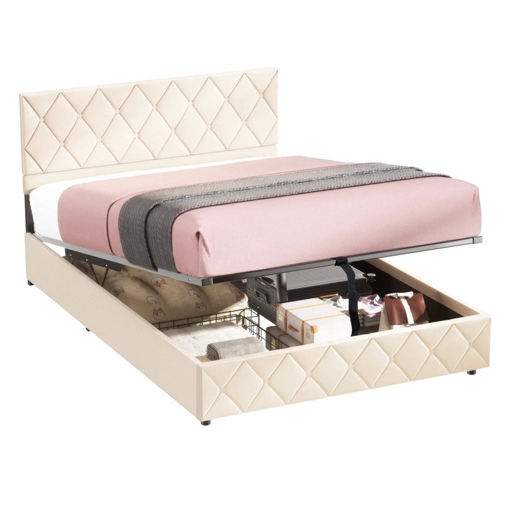 Letto matrimoniale imbottito in velluto beige 160 × 200 cm