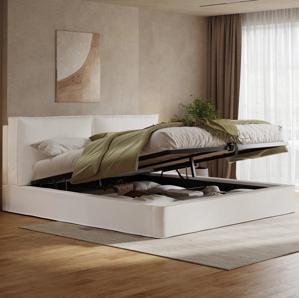 Letto matrimoniale imbottito YEAVIO 180x200 cm con contenitore idraulico e rete a doghe, beige bouclé