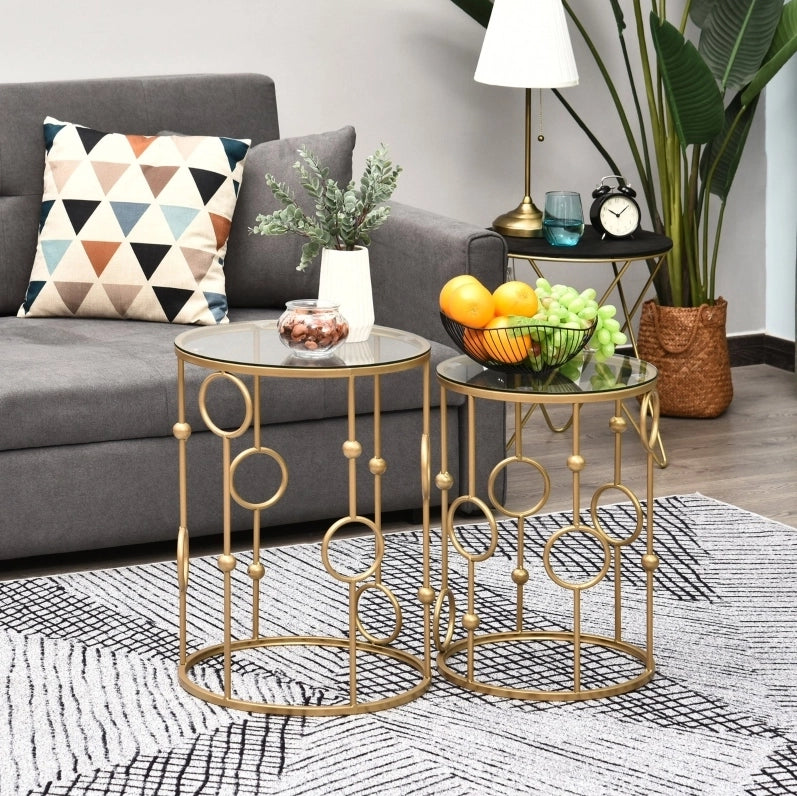 Set di 2 Tavolini da Salotto con Piano in Vetro, Design a Cerchi e Sfere, Ø41 x 57 cm, Oro