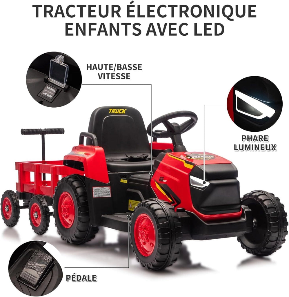 Trattore Elettrico per Bambini 12V con Ruspa e Rimorchio Rimovibile; 6 Ruote; Luci e Telecomando - Rosso